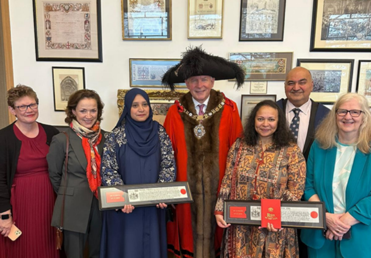 Photo credit: Jonathan Lee. Left to right: Katy Styles (We Care Campaign), Lady Mayoress, Farzana Khanom, The Lord Mayor, Shirley Islam, Cllr Naresh Sonpar & Dr Karen Lee